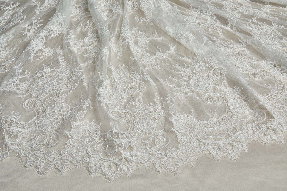 NEW BRIDAL - Corded, Beaded and Sequinned Chantilly Lace Double Border in Ivory