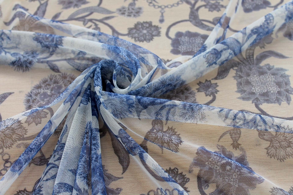 LAST PIECE - Printed Tulle - Blues on Ivory