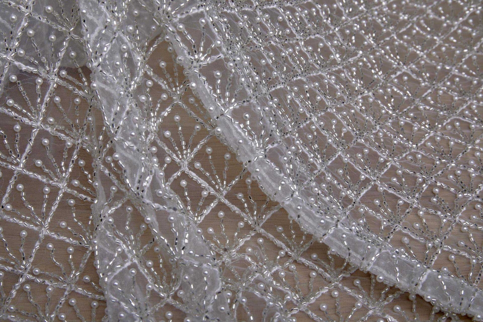 Silver Beaded Trellis Pattern on Tulle with Pearls