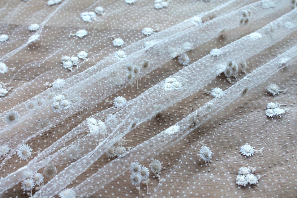 Small Embroidered Daisies on Flock Spot / Dot Tulle - Ivory and Cream