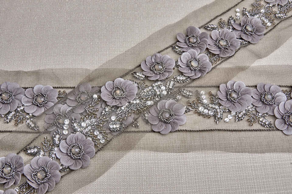 3D Floral Trim with Georgette covered Sequin Petals and Beaded Centre - Anthracite