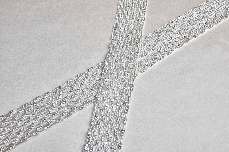 Wide Beaded Diamanté Grosgrain Ribbon in Ivory and Silver 