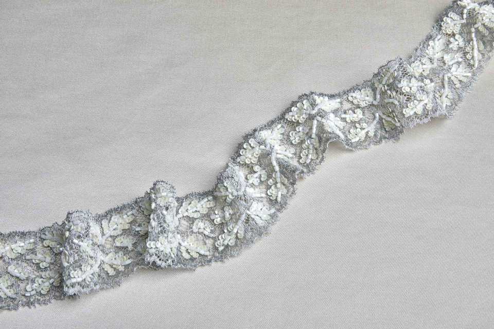 NEW BRIDAL - Beaded and Sequinned Lace Trim - Silver / Cream