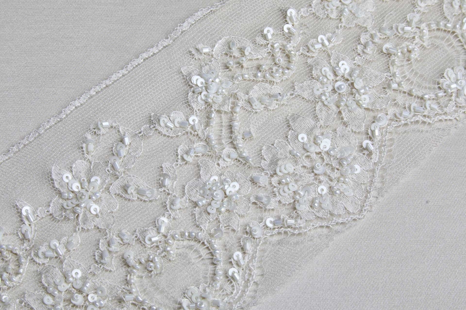 Beaded and Sequinned Embroidered Tulle Trim - Ivory