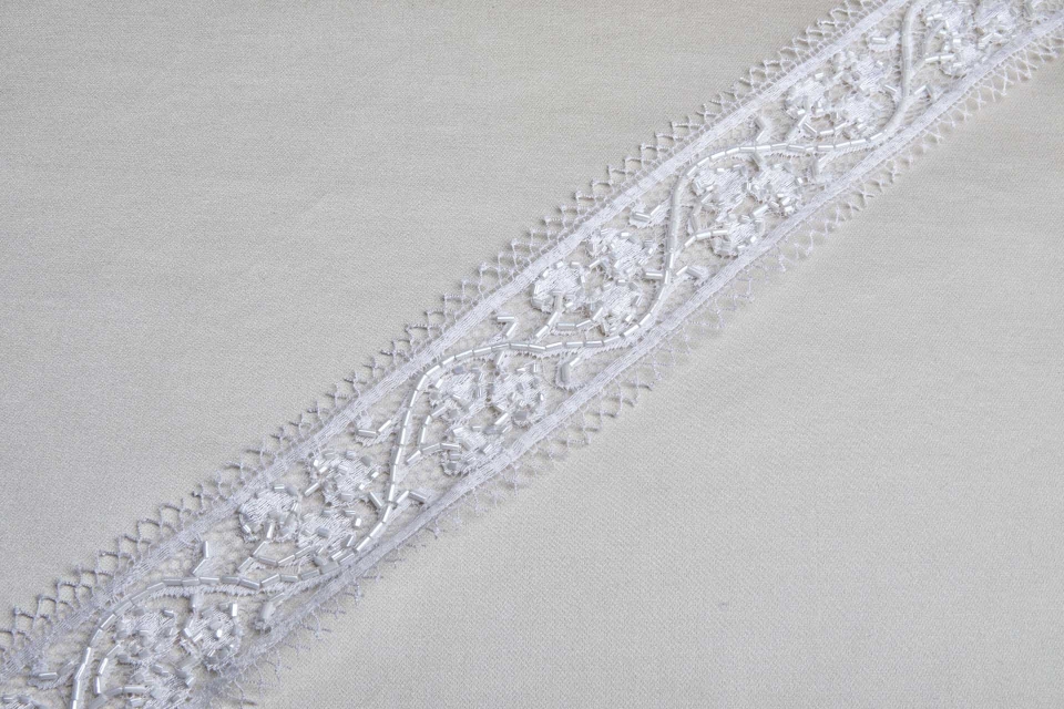 Beaded Leavers Lace Band Trim - Off White