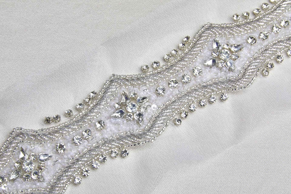 Morning Star Beaded Diamante Trim in Silver and Ivory