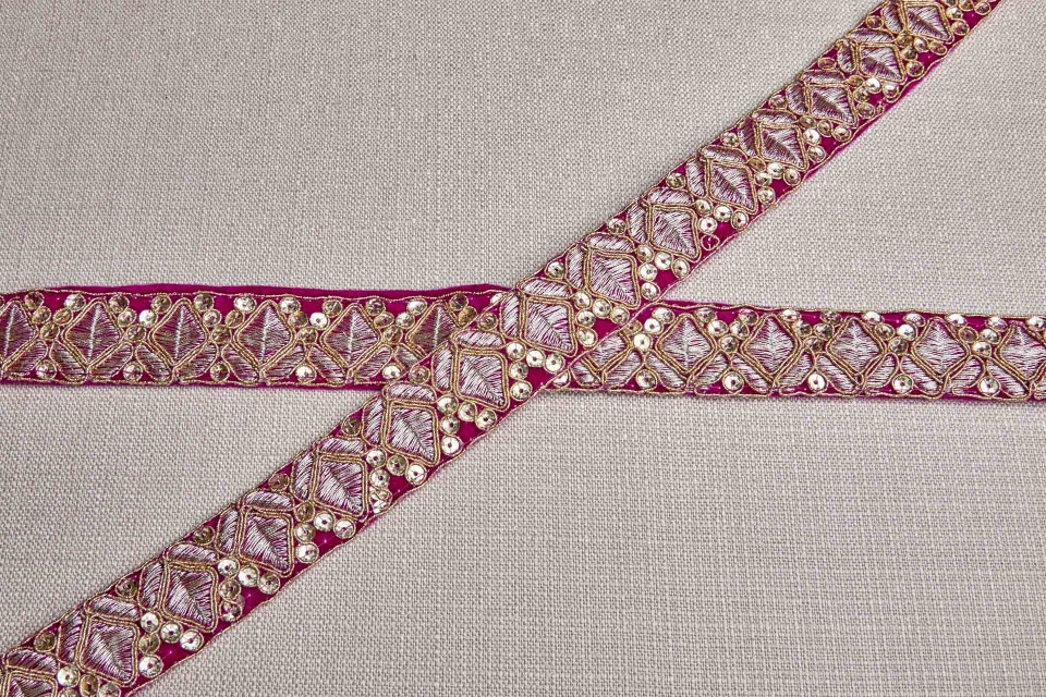 Geometric Flower Bud Motif Trim - Gold on Pink