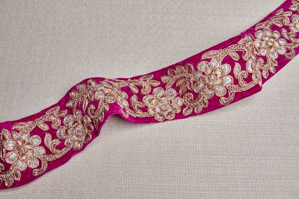 Flower Embroidery Trim - Gold and Pale Gold on Pink Velvet