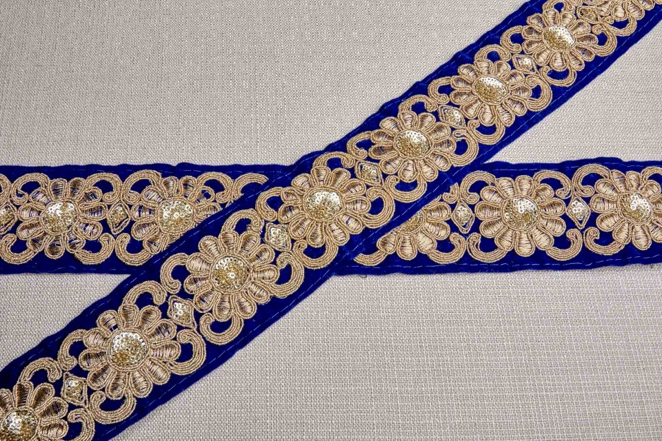 Flower Embroidery Trim - Gold Thread and Sequins on Blue Velvet