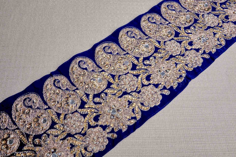 Gold Thread and Crystals Embroidered Wide Trim on Blue Velvet