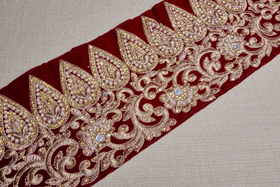 Gold Thread and Crystals Embroidered Wide Trim on Dark Red Velvet