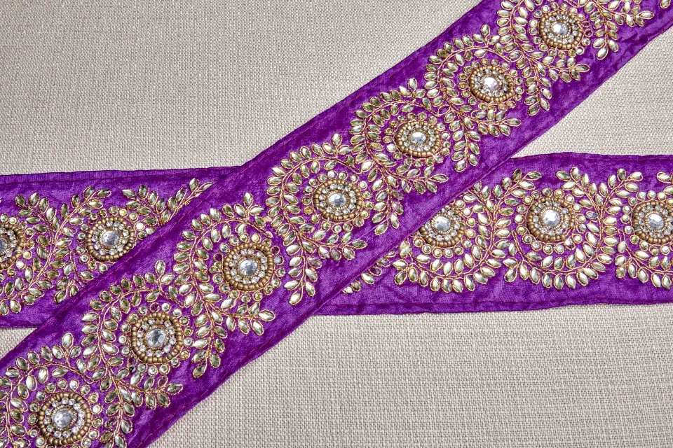 Pale Gold Crystals Sari Trim on Purple Ribbon 