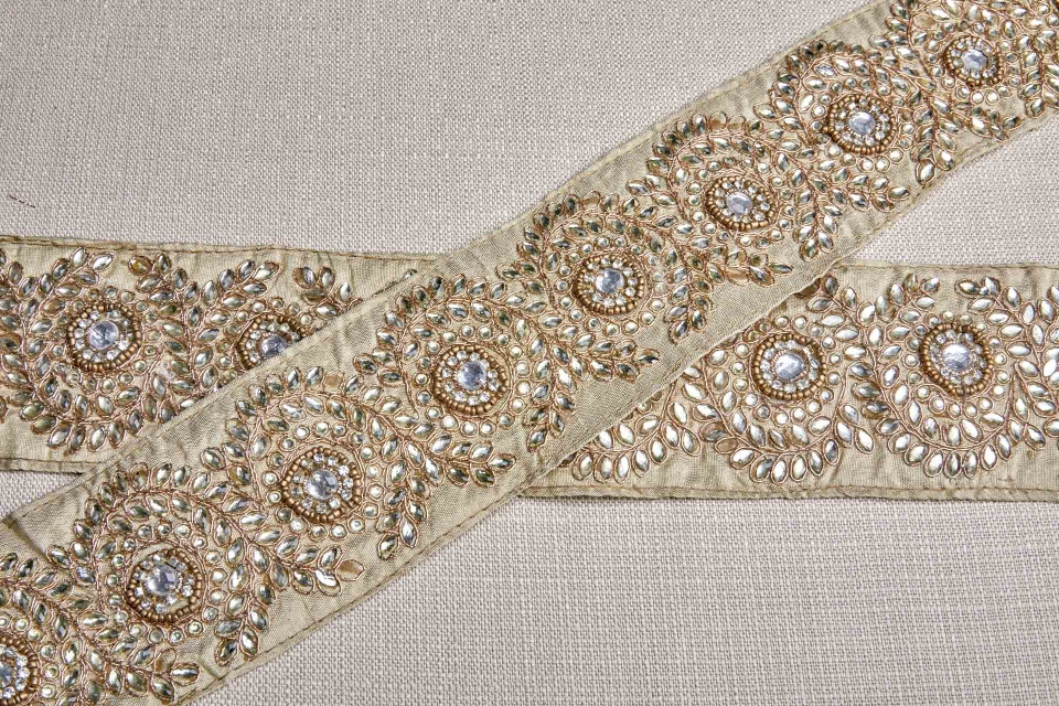 Pale Gold Crystals Sari Trim on Pale Gold Ribbon 