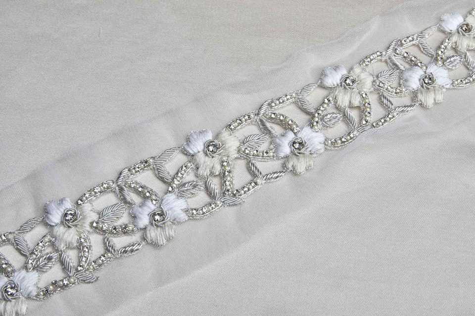 Floral Embroidered Cut-out Trim with Crystals, Beads, Metal Work and Pearls - Ivory/Cream 