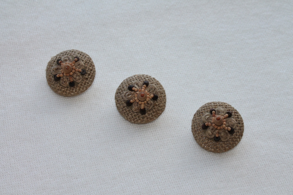 Vintage Beaded and Embroidered Hessian Covered Buttons - 3.2cm - Set of 3