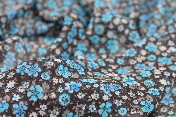 Floral Printed Chiffon - Turquoise on Brown 