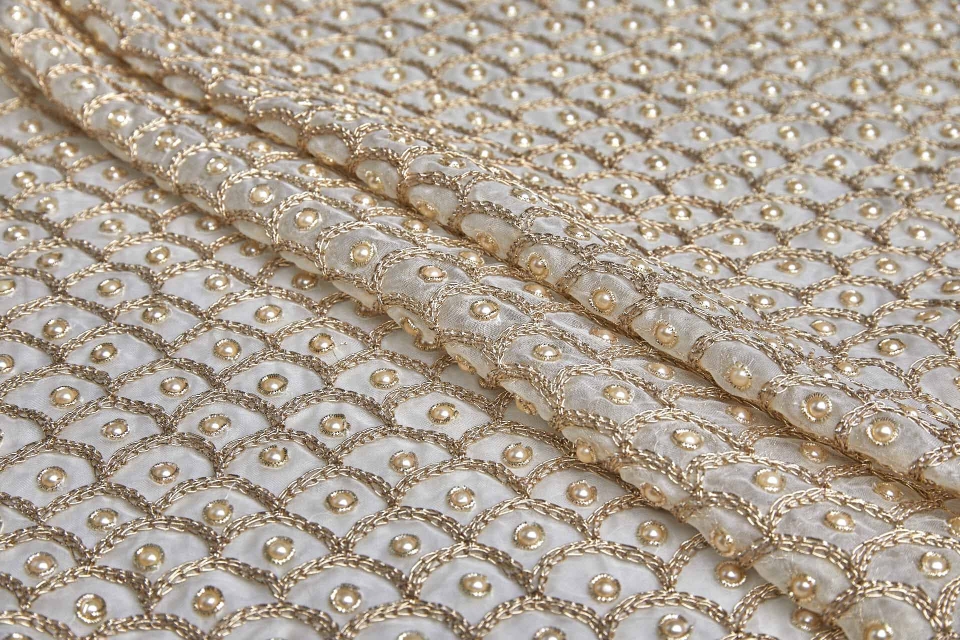 Gold Sari Work Scale Pattern with Pearls on Ivory Silk Organza