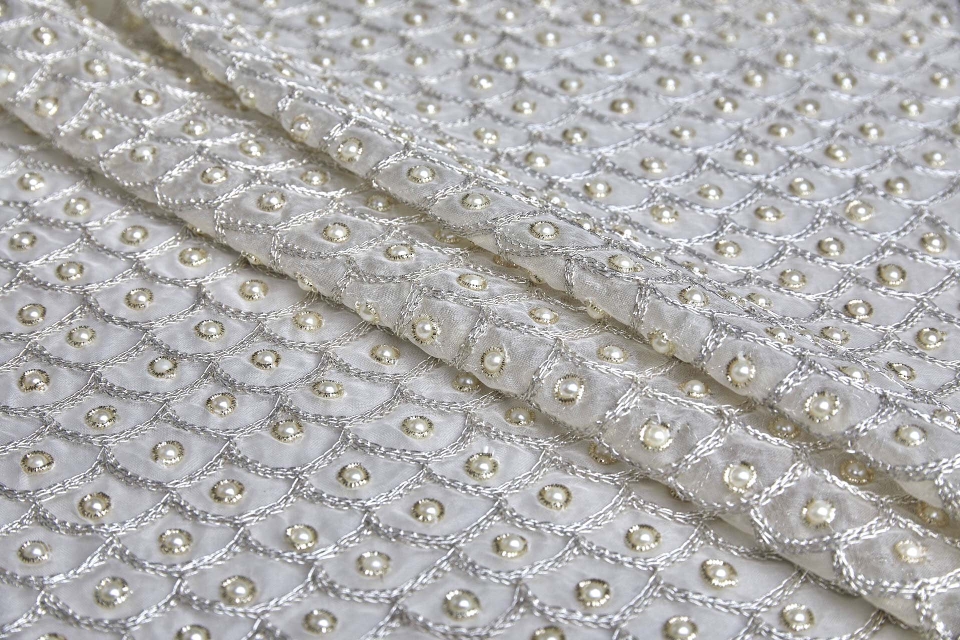 Silver Sari Work Scale Pattern with Pearls on Ivory Silk Organza